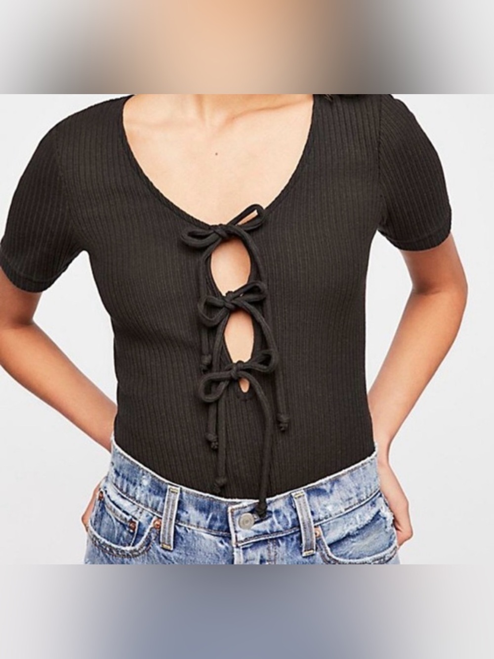 Free People Black Ribbed Knit Tie Detail Short Sleeve Blouse - Size XS